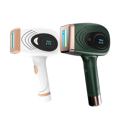 Two handheld devices, one white and one green, on a white background