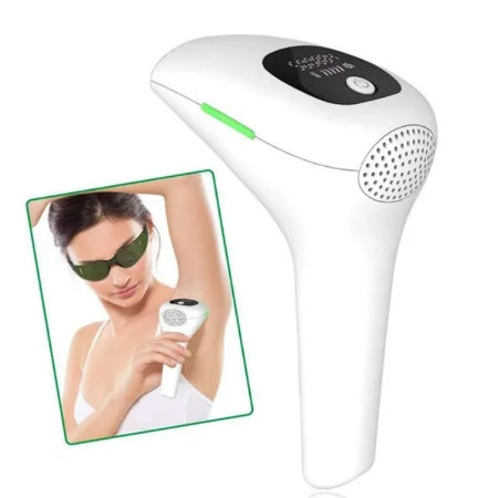 White hair removal device with inset of a woman using it on her arm.
